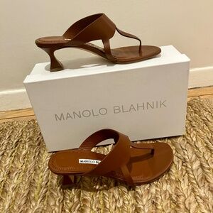 Manolo Blahnik Brown Leather 50 mm Kitten Heel Sandals - New in Box - Size 7